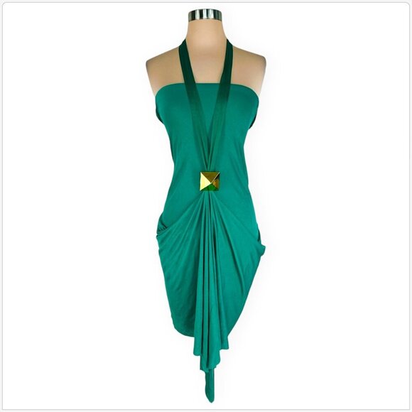 Pegah Anvarian Green Draped Modular Modal Blend Cocktail Evening Date Dress 6 - Picture 2 of 7